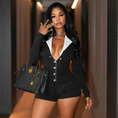 Ladies fashionable jumpsuit with deep V-neckline and chic elegant collar