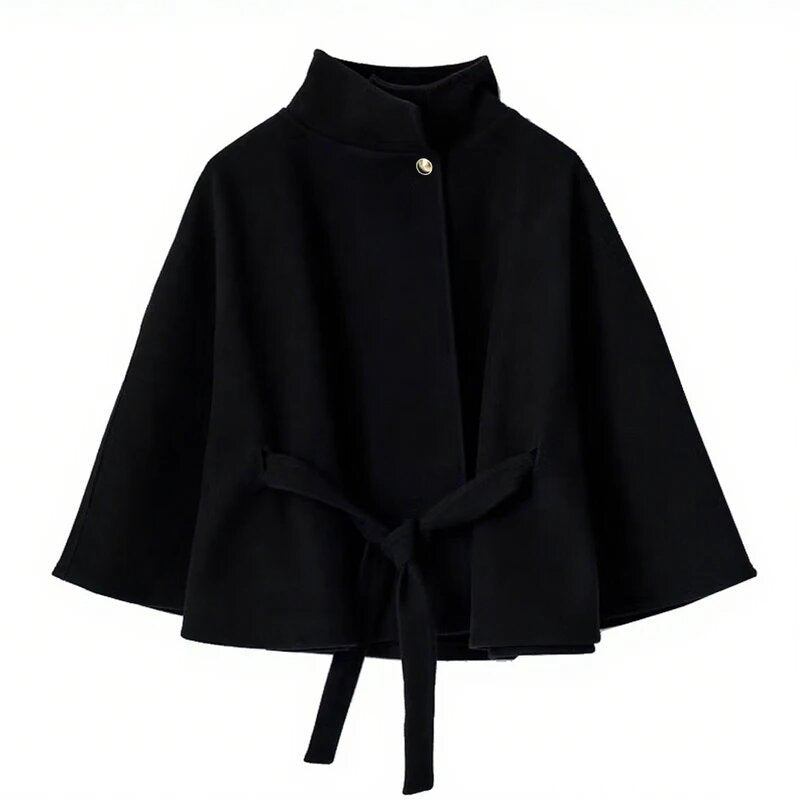 Elegant women's coat with hood, tie belt and high collar Lune London