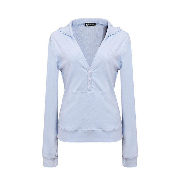 Ladies Thermo Waffle Knit Hooded Pullover with Henley Button Placket and Kangaroo Pocket Amarae
