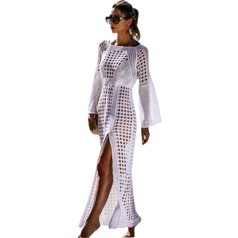 Women's Airy Crochet Beach Dress with Long Sleeves and Side Slit Lune London
