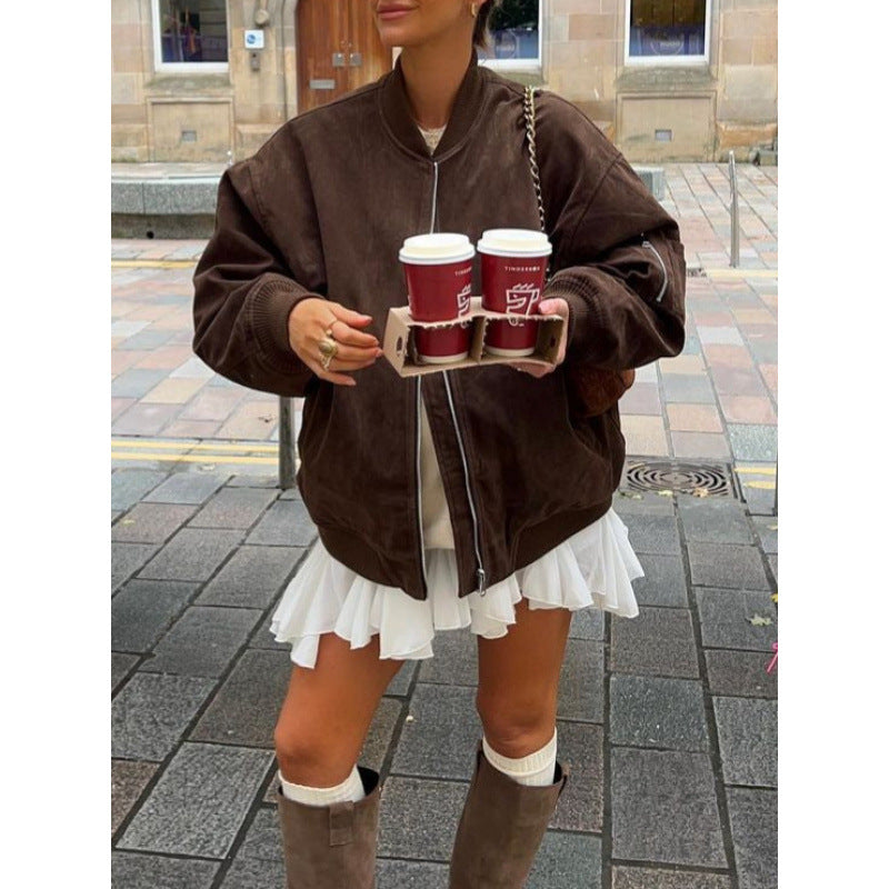 Women's Oversized Suede Bomber Jacket with Zipper & Ribbed Cuffs Amarae
