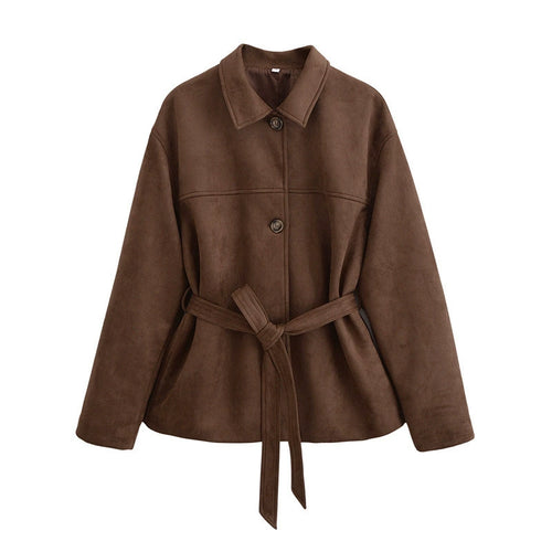 Ladies Fashionable Suede Jacket with Waist Belt and Voluminous Sleeves Amarae