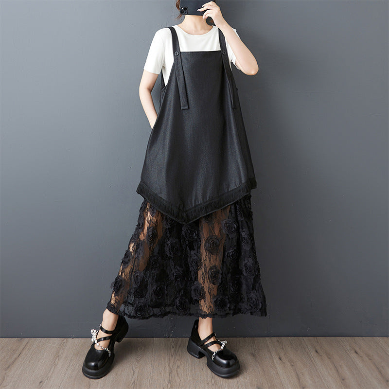 Plus size apron dress for women with floral overlay Lune London