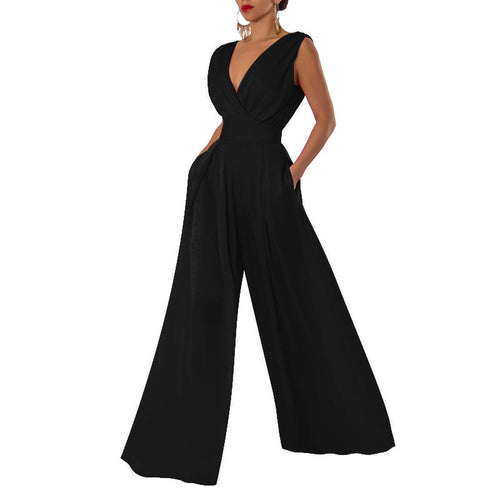 Ladies Jumpsuit with Deep V-Neck and Wide Cut Leg Amarae