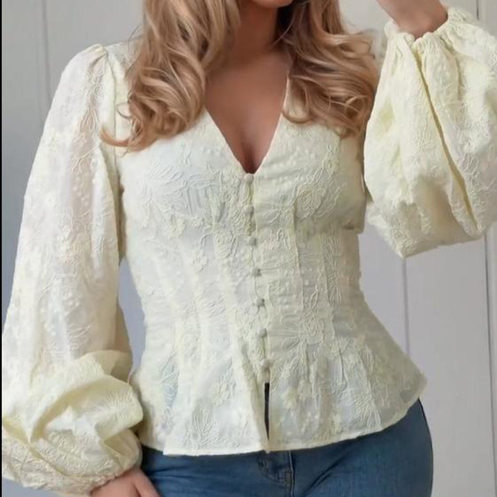 Women's Tailored Lace Blouse in Corset Style with V-Neck, Button Placket and Balloon Sleeves Amarae