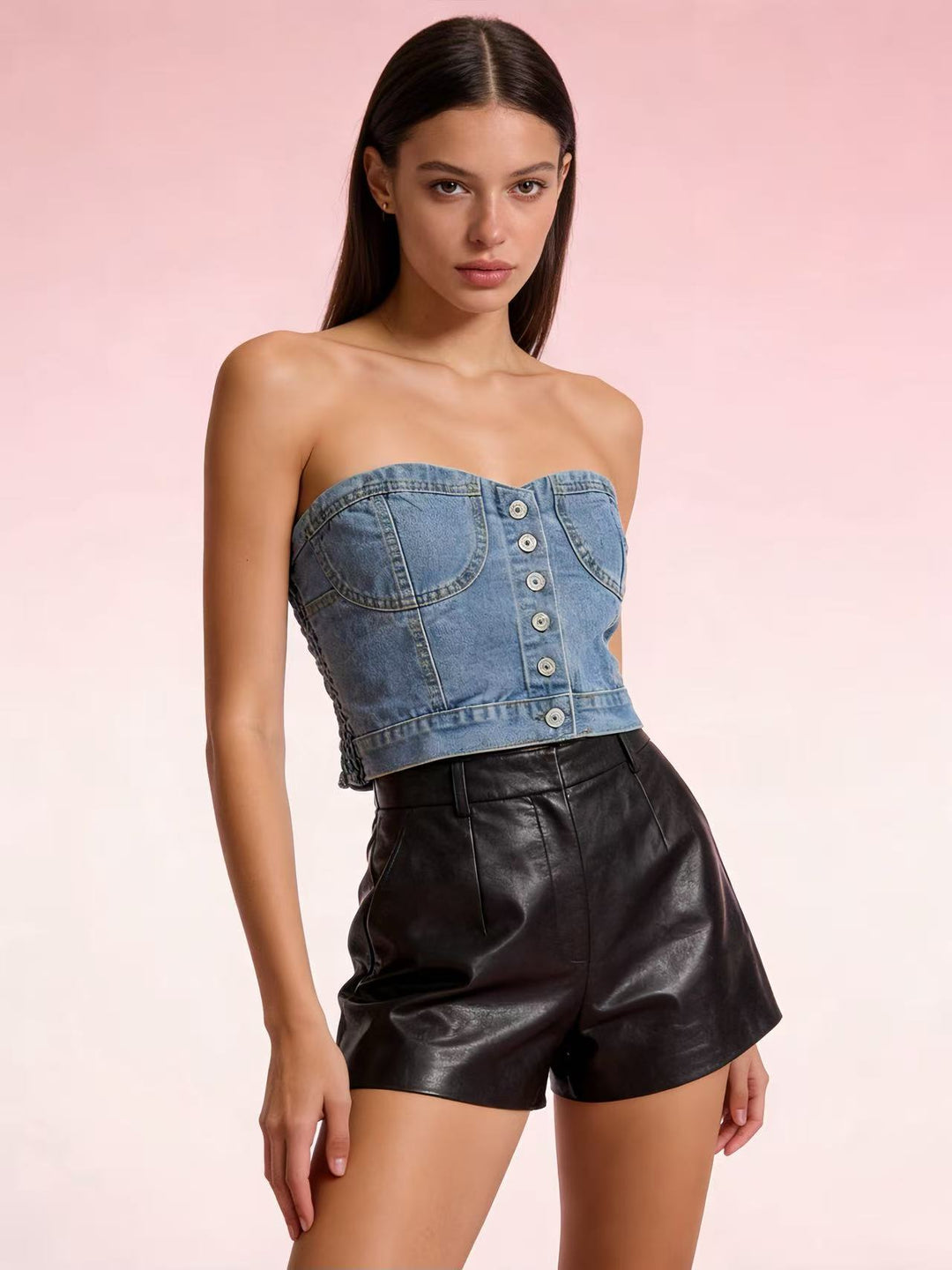 Women's Denim Bustier Top with Button Details and Tailored Fit Lune London