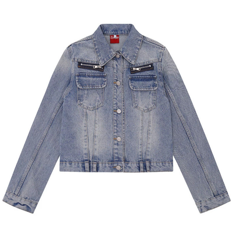 Women's short vintage denim jacket with chest pockets, zipper detail and button placket Amarae