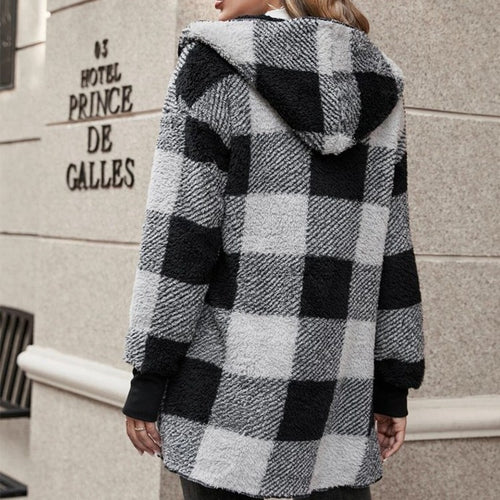 Ladies Cozy Fleece Jacket with Checkered Pattern and Hooded Design Amarae