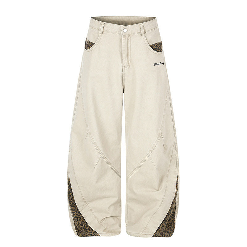 Women's Wide High-Waist Palazzo Jeans with Leopard Inserts and Side Pockets Amarae