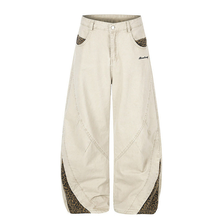 Women's Wide High-Waist Palazzo Jeans with Leopard Inserts and Side Pockets Amarae