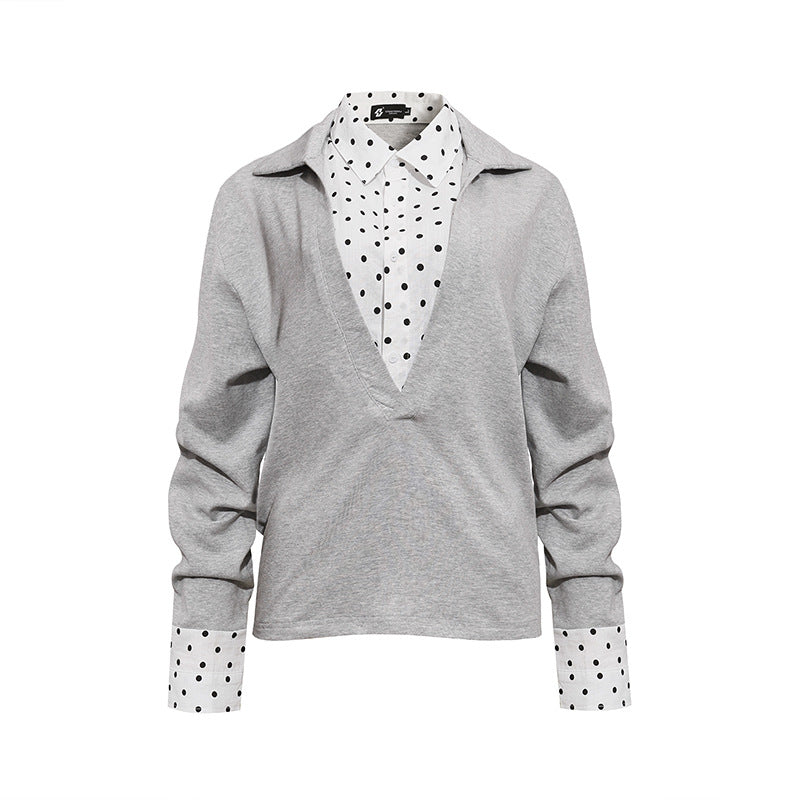 Women Layered Long Sleeve Shirt with Deep V-Neck, Attached Placket and Polka Dot Details Amarae