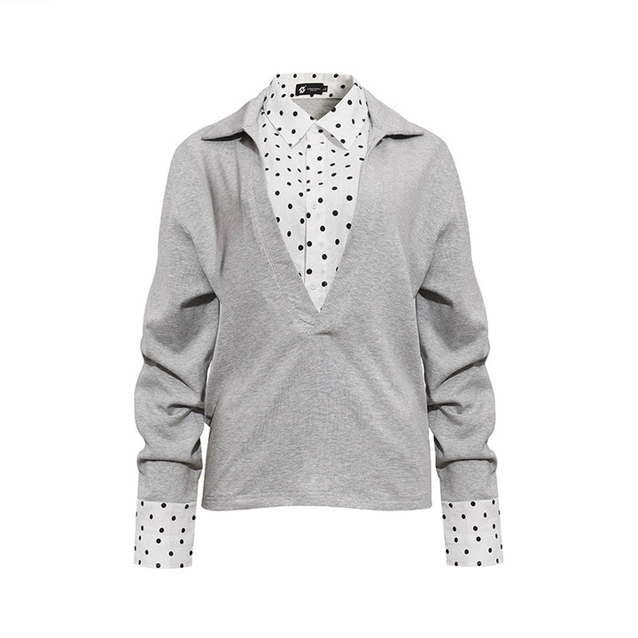 Women Layered Long Sleeve Shirt with Deep V-Neck, Attached Placket and Polka Dot Details Amarae