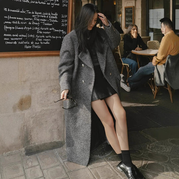 Women Maxi Long Oversize Wool Blend Coat Double-Breasted with Boxy Silhouette and Patch Pockets Amarae