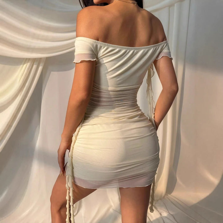 Women Off-Shoulder Mini Dress with sophisticated draping details and playful lacing Lune London