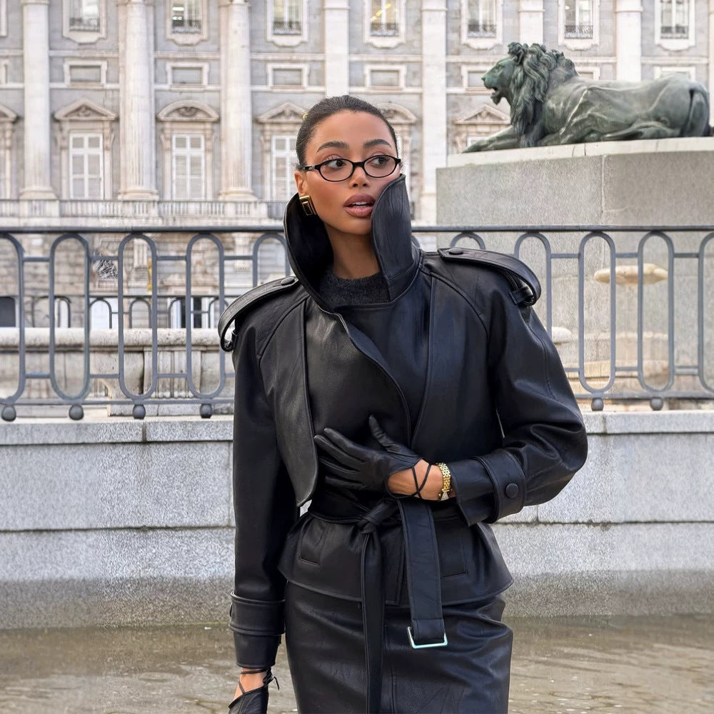 Women's Tailored Leather Jacket with Short Cape Insert, Shoulder Pads and Tie Belt Amarae