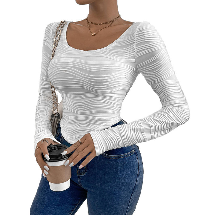 Women's long sleeve top with textured wavy pattern and plunging neckline Lune London