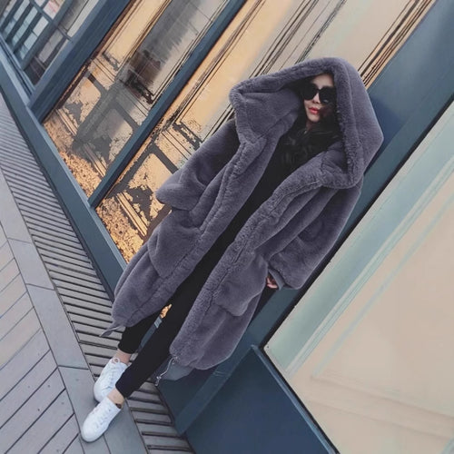 Oversized faux fur coat for women with hood and pockets Amarae