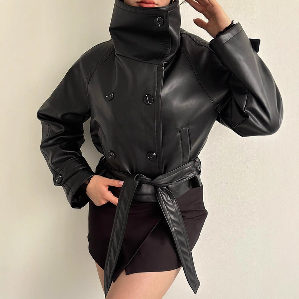 Women Tailored Short Blouson Jacket made of Imitation Leather with High Stand-up Collar and Ties Belt Amarae