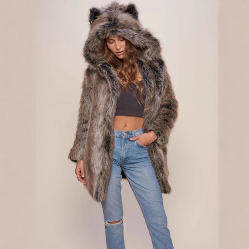 Ladies hooded faux fur coat with ear protectors Amarae