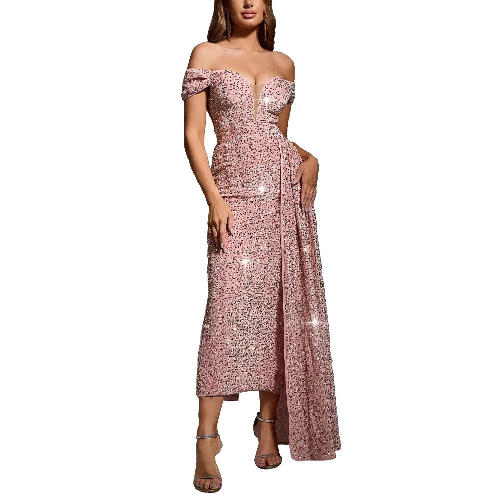 Sequin evening dress off-shoulder Lune London
