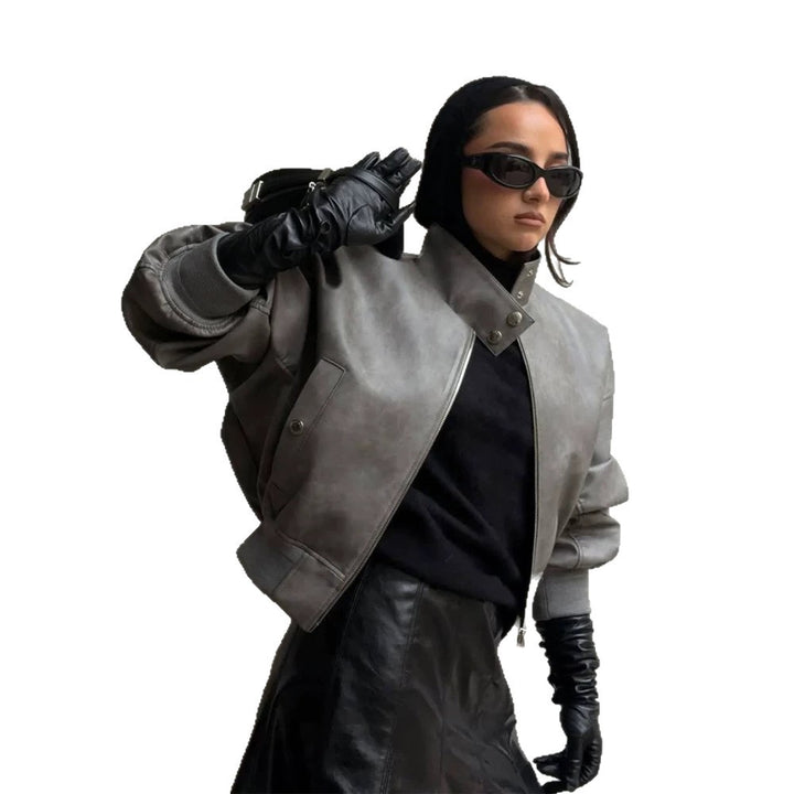Women Short Oversized Faux Leather Bomber with High Stand-Up Collar and Snap Button Details Amarae