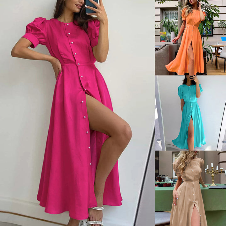Robe maxi femme avec encolure boutonnée et fente latérale Chic & Stil