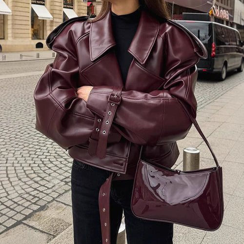 Oversized faux leather jacket for women with belts and new details Amarae