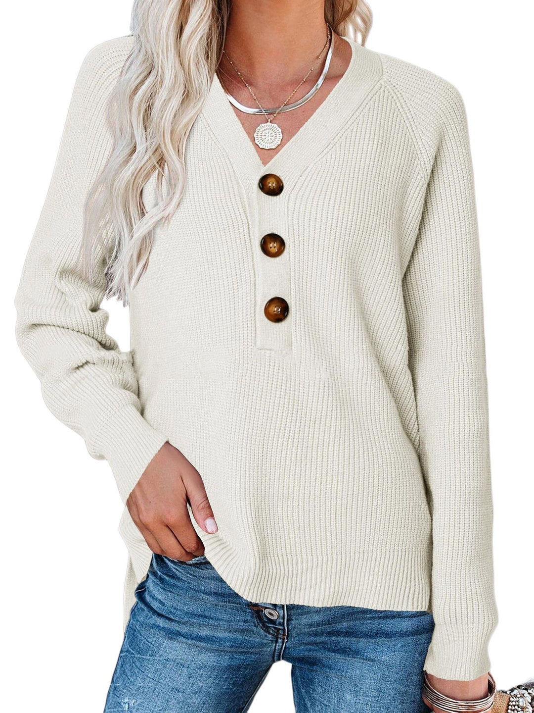 Knit sweater for women with button details and plunging V-neck Lune London