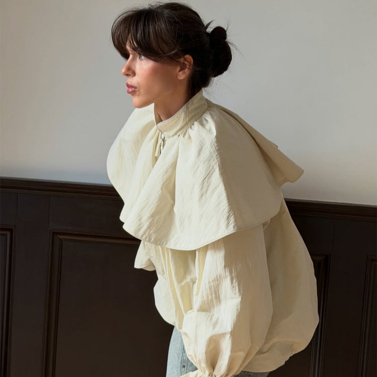 Women's Oversized Jacket with Cape Collar, Balloon Sleeves and Drawstring Amarae