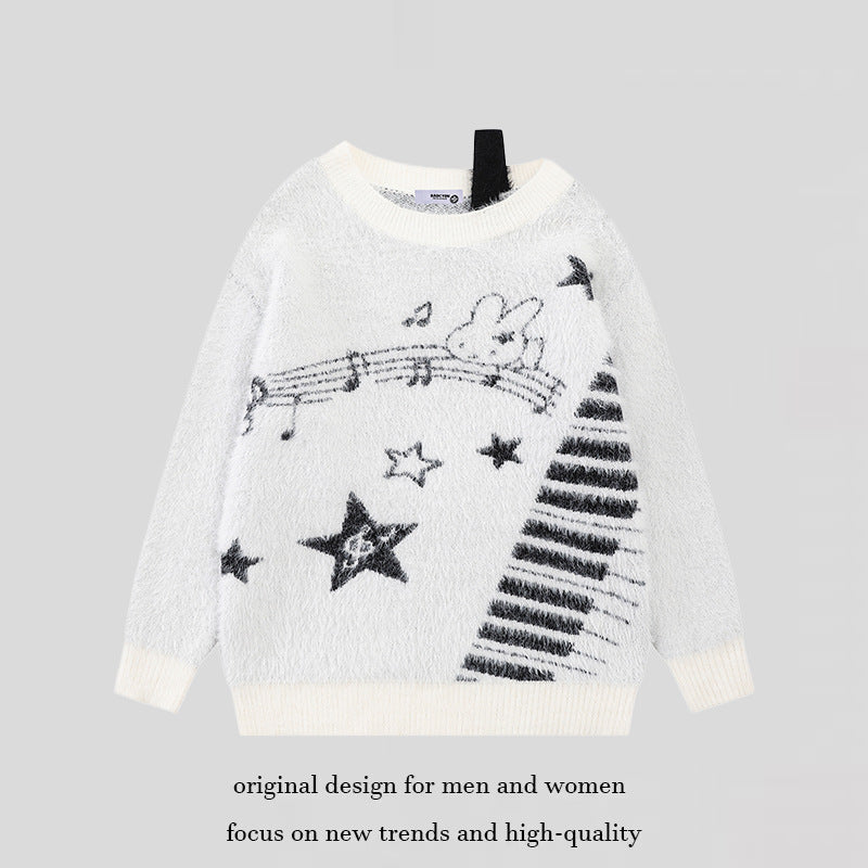 Women's Cozy Knit Sweater with Cartoon Note and Star Motif Amarae