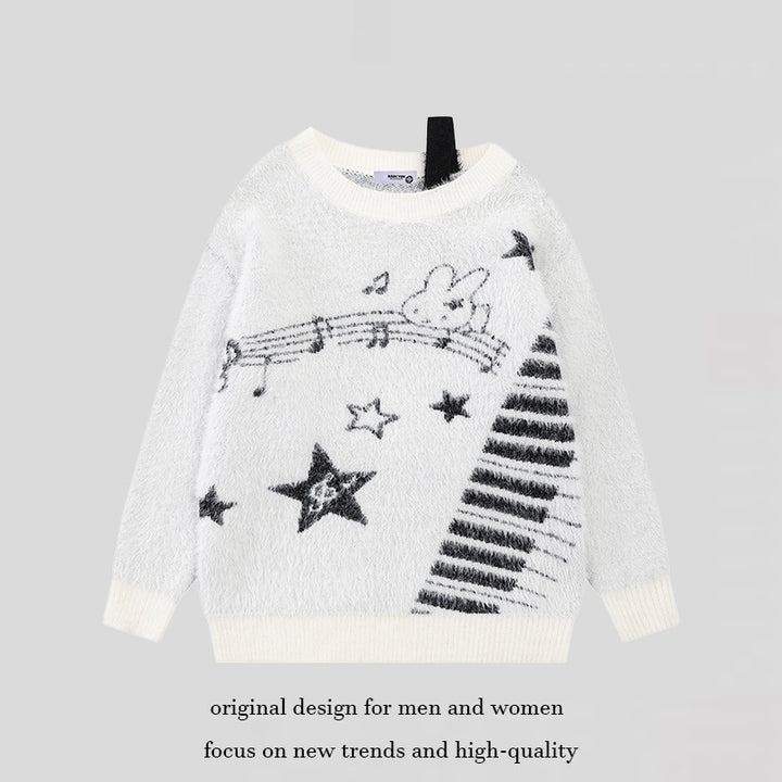 Women's Cozy Knit Sweater with Cartoon Note and Star Motif Amarae