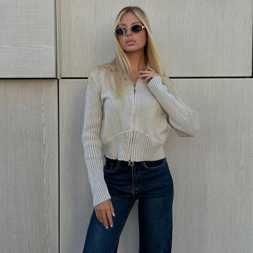 Women short sleeve cardigan with zipper and ribbed structure Amarae