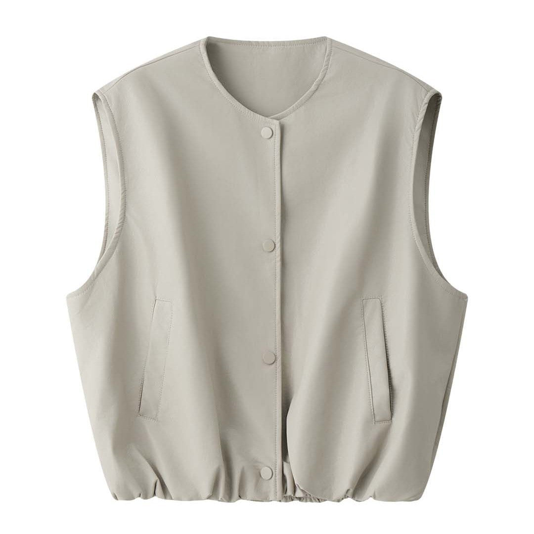 Women's Sleeveless Faux Leather Vest with Snap Button Closure and Loose Layering Silhouette Amarae