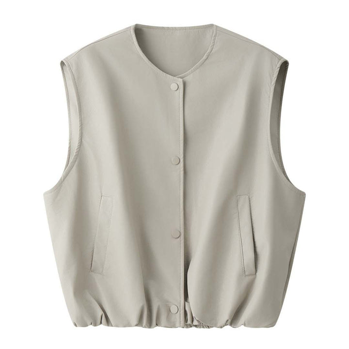 Women's Sleeveless Faux Leather Vest with Snap Button Closure and Loose Layering Silhouette Amarae