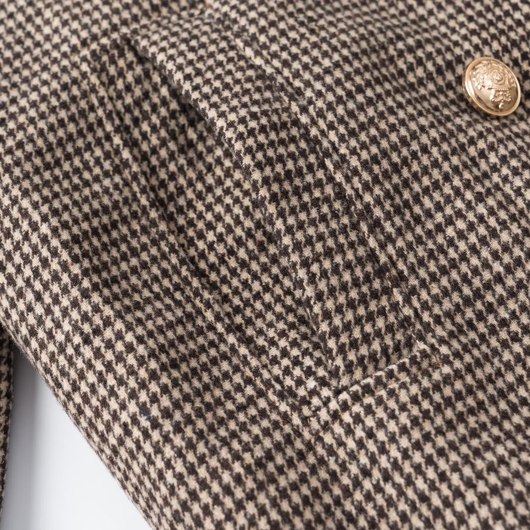 Women's Short-Cut Double-Breasted Houndstooth Blazer with Tailored Silhouette and Golden Decorative Buttons Amarae