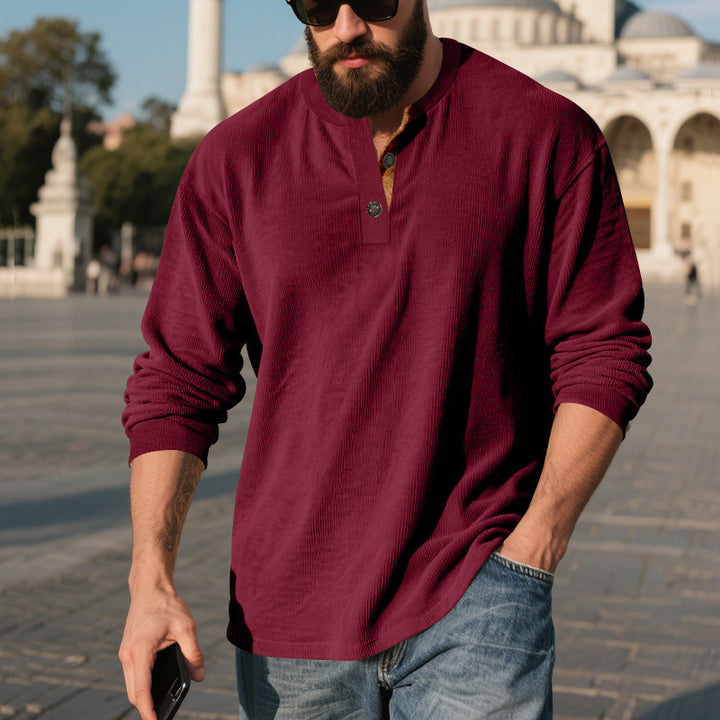 Men's long sleeve Henley shirt with textured fabric and trendy button details Lune London