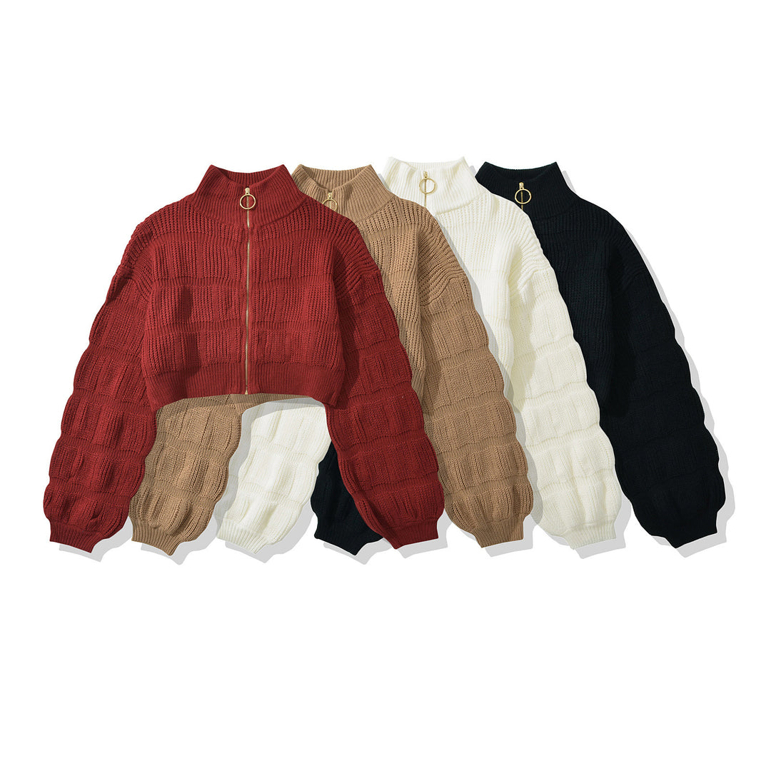 Cropped knitted jacket for ladies with decorative zipper and voluminous sleeves Lune London