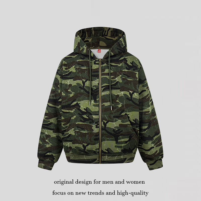 Unisex hooded sweat jacket in camouflage design with full-length zipper Amarae
