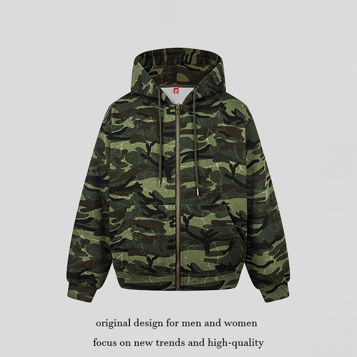 Unisex hooded sweat jacket in camouflage design with full-length zipper Amarae