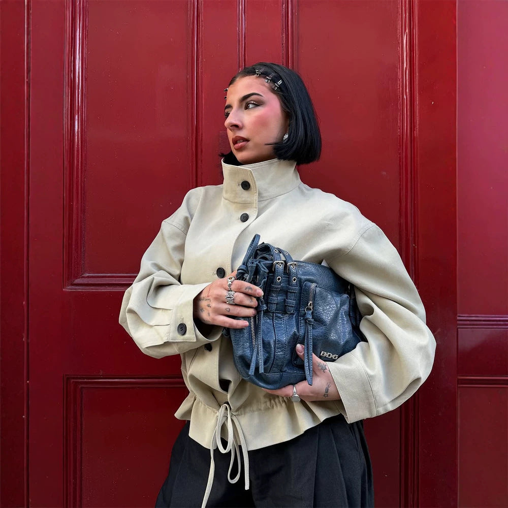 Women's Short-Cut Oversized Canvas Blouson with Stand-Up Collar Amarae