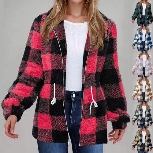 Fleece jacket for women with a trendy check pattern and practical pockets Amarae