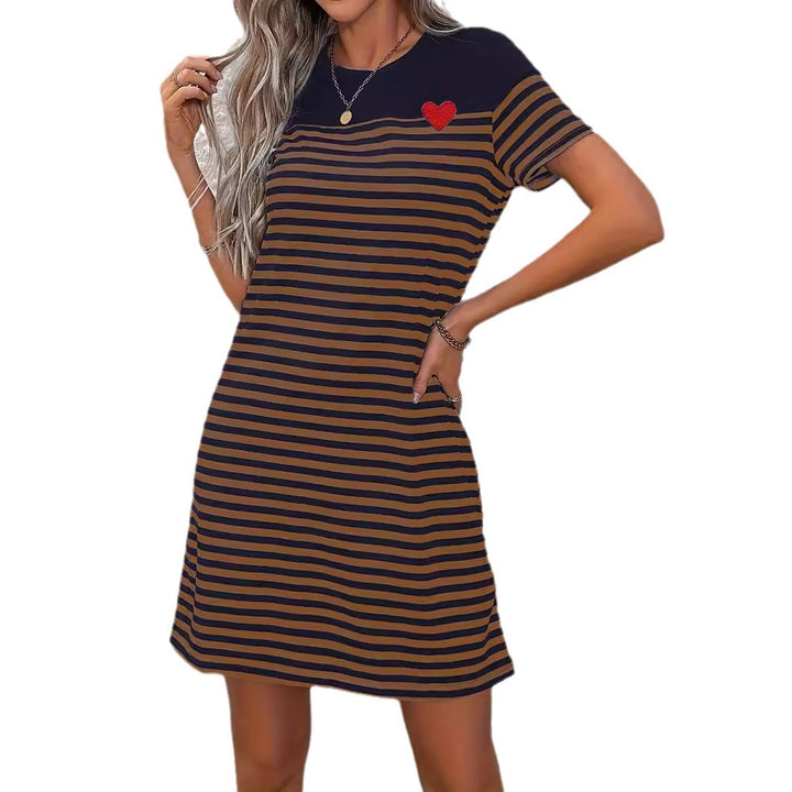 Short-sleeve dress for women with a striped design and a red heart appliqué Lune London