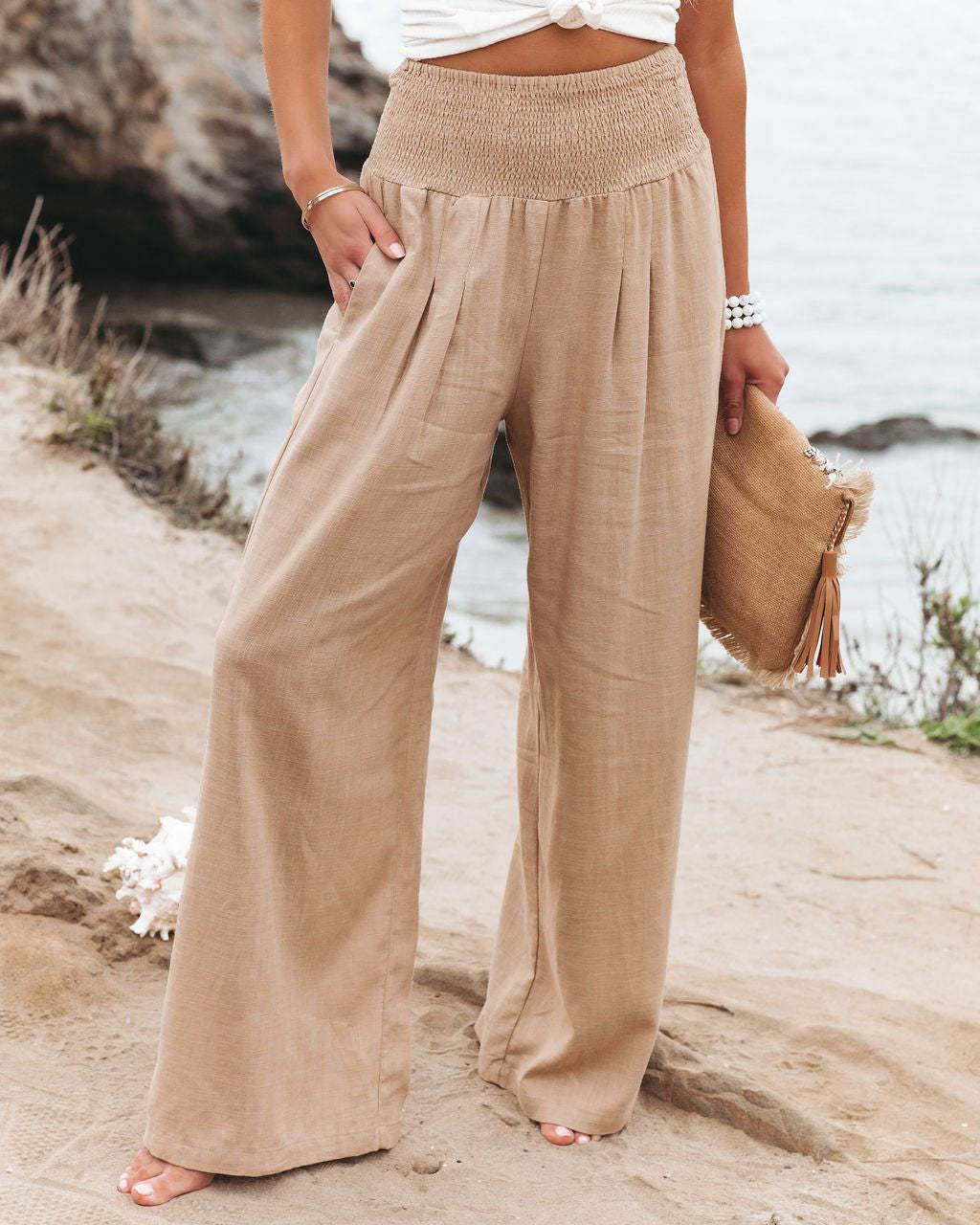 Lune London | Women's Wide Linen Pants with Elastic Waistband and Side Pleats