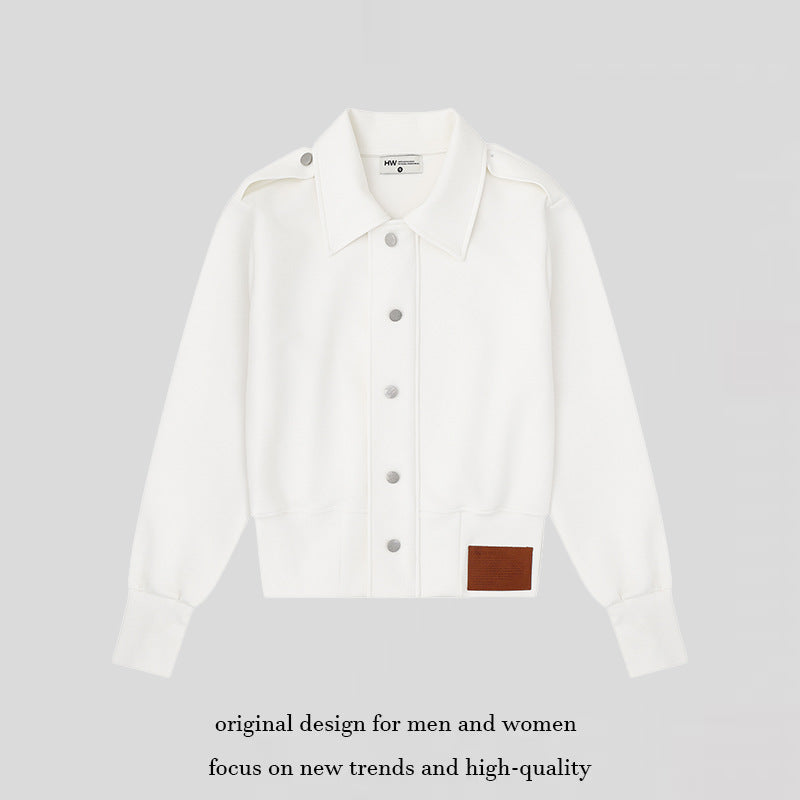 Women's Short Cut Sweat Jacket with Shirt Collar Epaulettes and Leather Patch Amarae