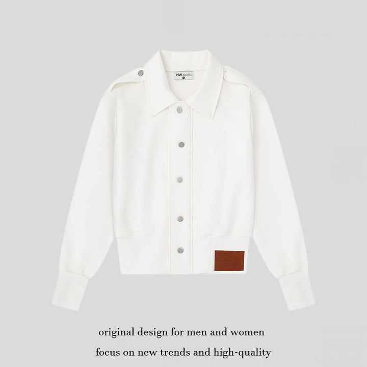 Women's Short Cut Sweat Jacket with Shirt Collar Epaulettes and Leather Patch Amarae