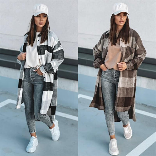 Long checkered winter coat for women with buttonhole design and loose fit Amarae