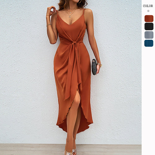 Women's midi dress with sophisticated wrap design and adjustable straps Amarae