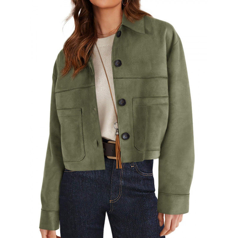 Women's short suede-look jacket with patch pockets and shirt collar Amarae