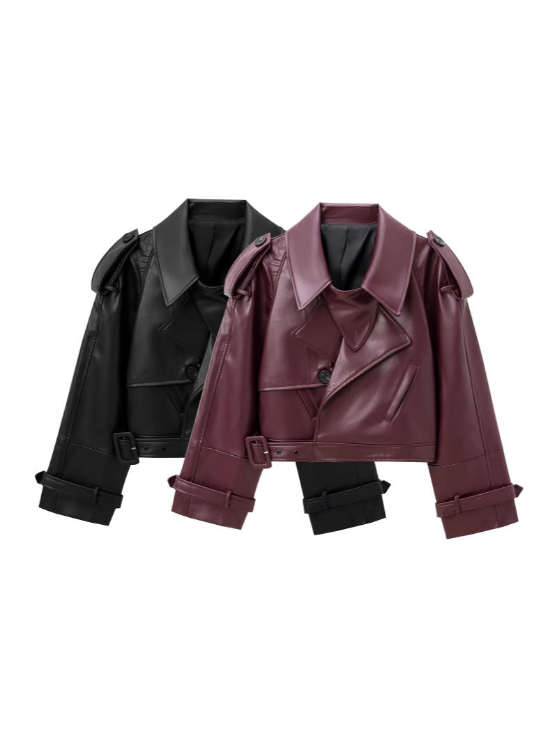 Women's Cropped Leather Motorcycle Jacket with Asymmetric Lapel Amarae