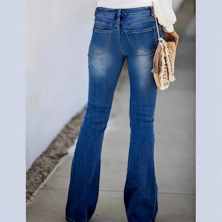 Women's high-waisted flared jeans with visible button fly, destroyed knee & sculpting stretch fit Amarae